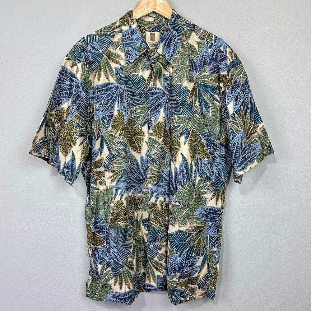 Vintage Tori Richard Cotton Lawn Hawaiian Print Shirt Size L Blue Green Leaf